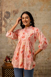 Pure cotton casual kurti in peach with floral prints