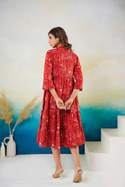 Red Floral Printed Middy Dress Aaronee