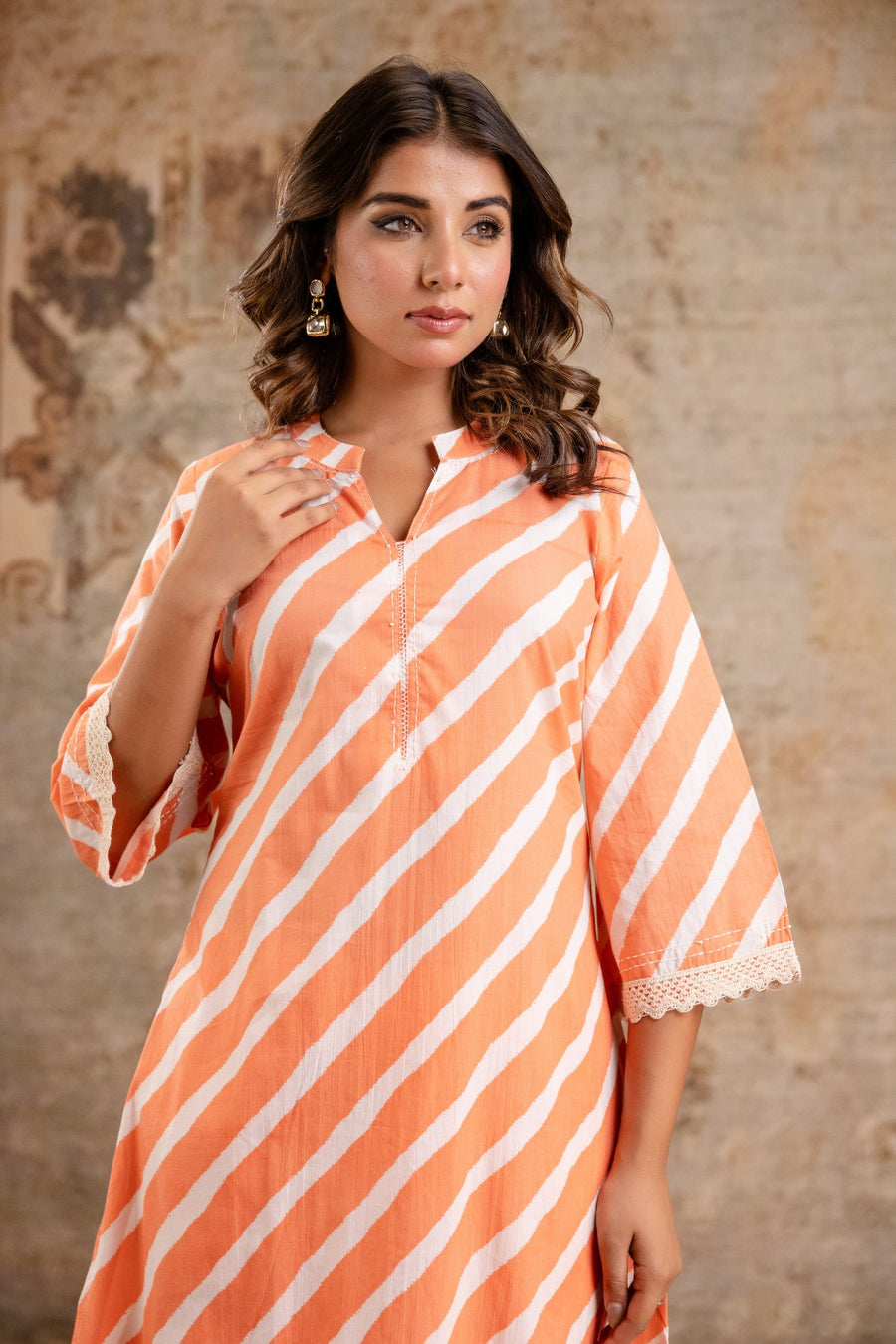 Stylish V-neck ethnic co-ord set in orange