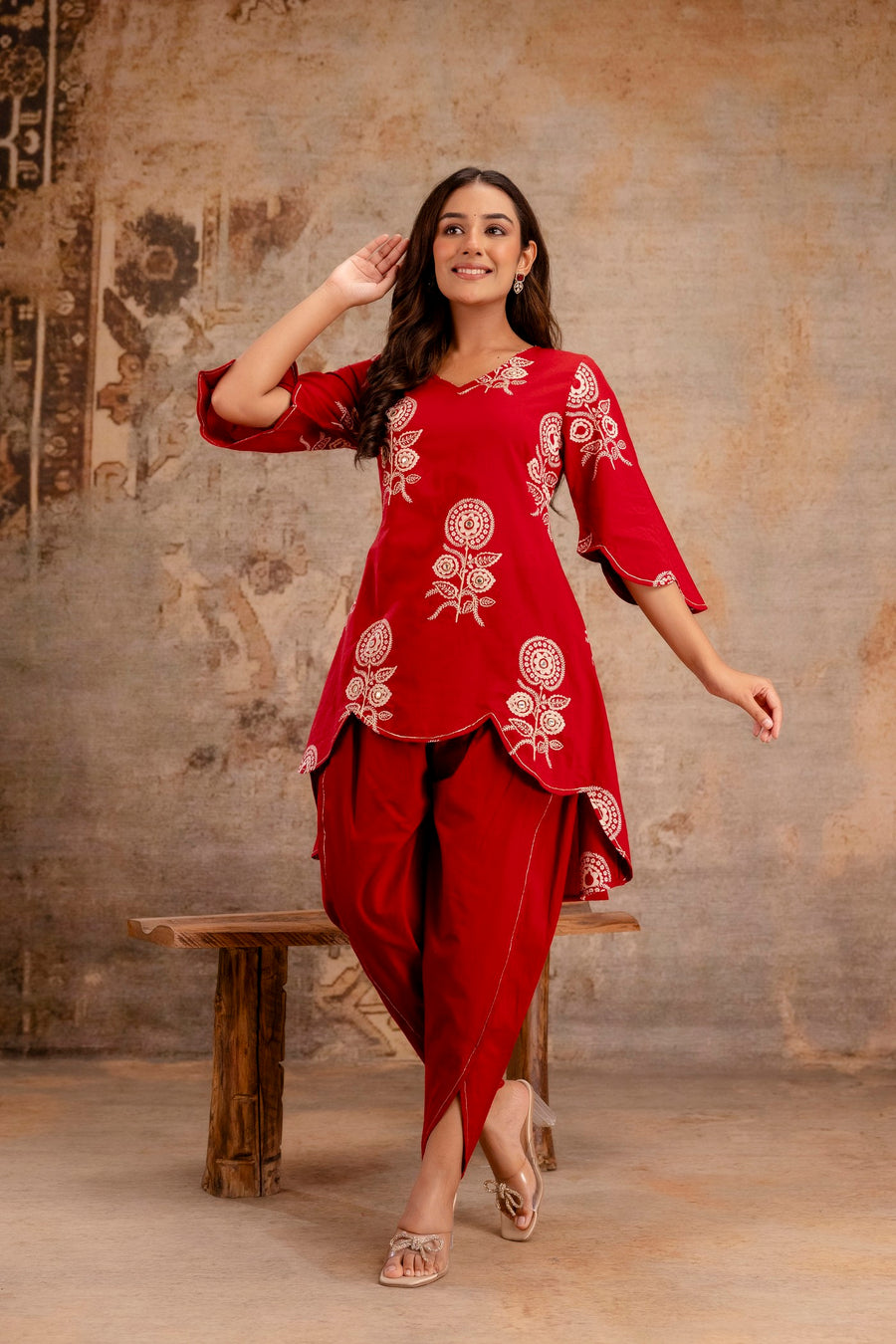 Stylish embroidered red kurti with tulip pants