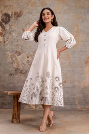 V-neck grey cotton kurti with puff sleeves