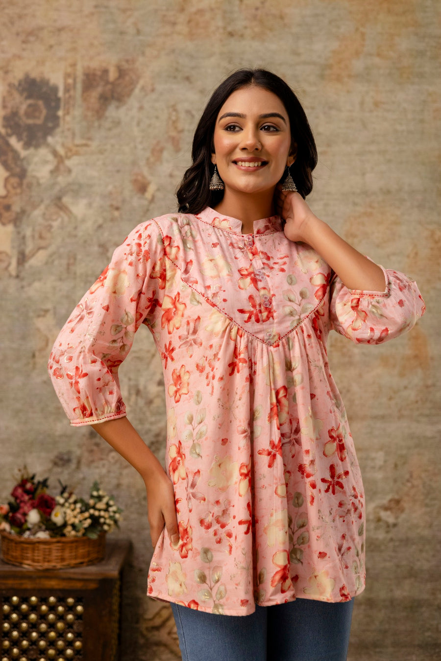Peach and red printed short cotton kurti by Aaronee