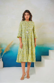 Aaronee Mustard Printed Middy Dress