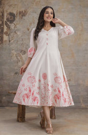 Off-white cotton midi dress with peach deer print