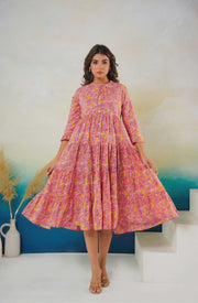 Aaronee Pink Printed Middy Dress