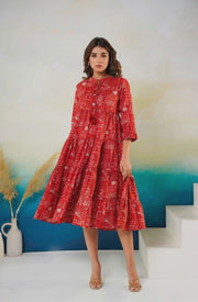 Aaronee Red Printed Fancy Middy Dress