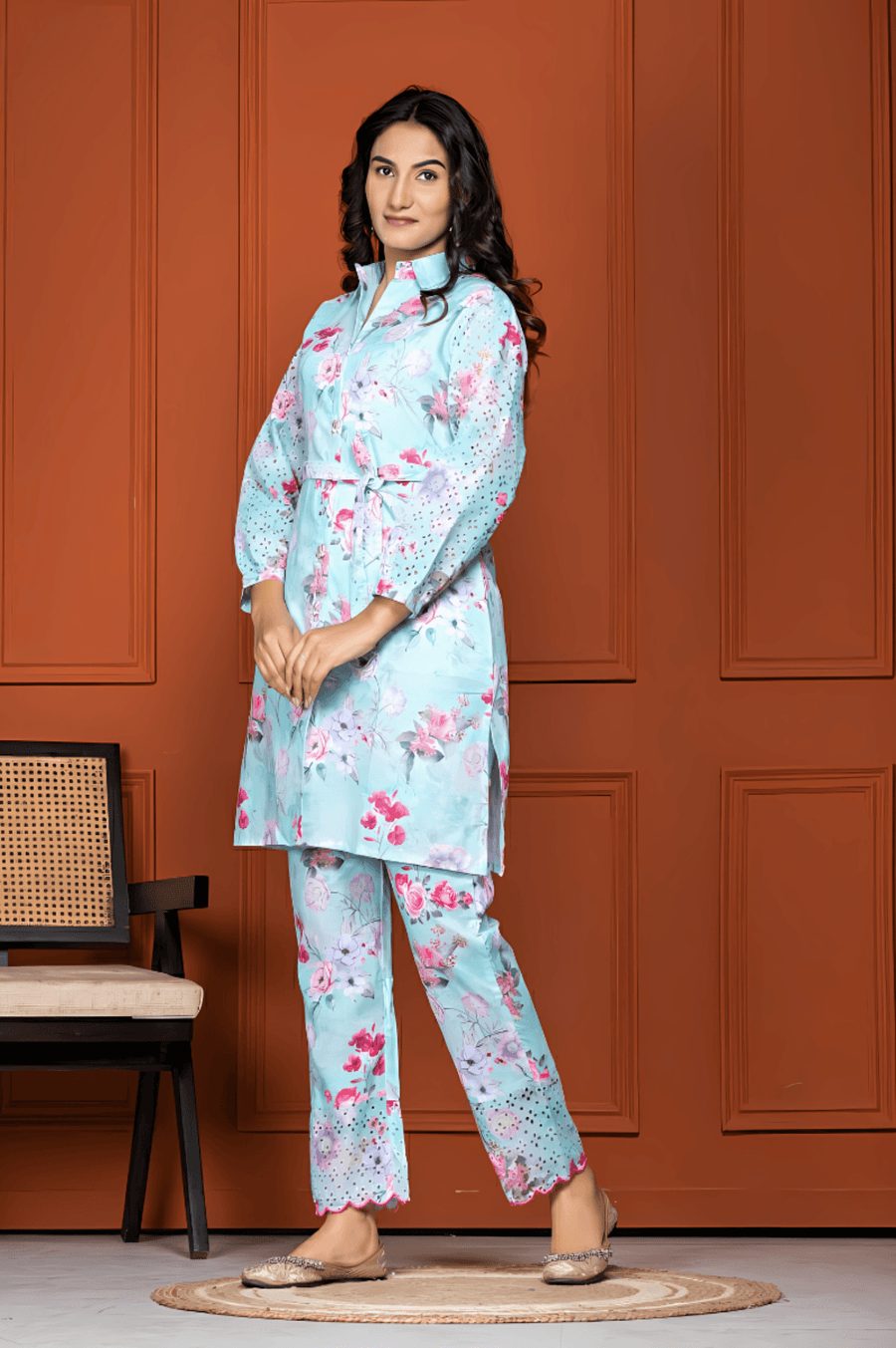 Indo-Western Light Blue Cord Set for Women | Aaronee