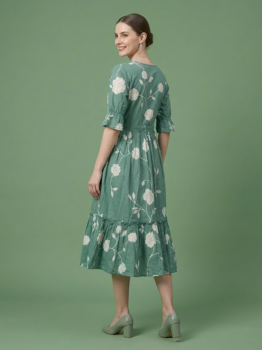Aaronee sage green floral printed cotton midi dress for women
