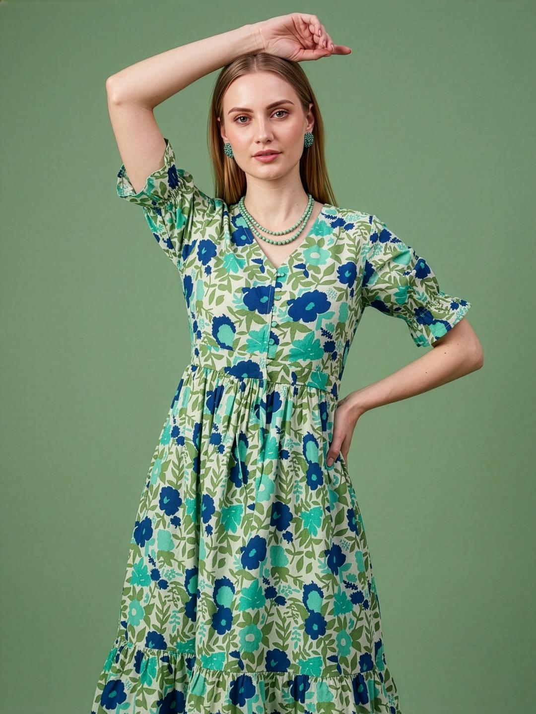Aaronee blue printed cotton midi dress for women