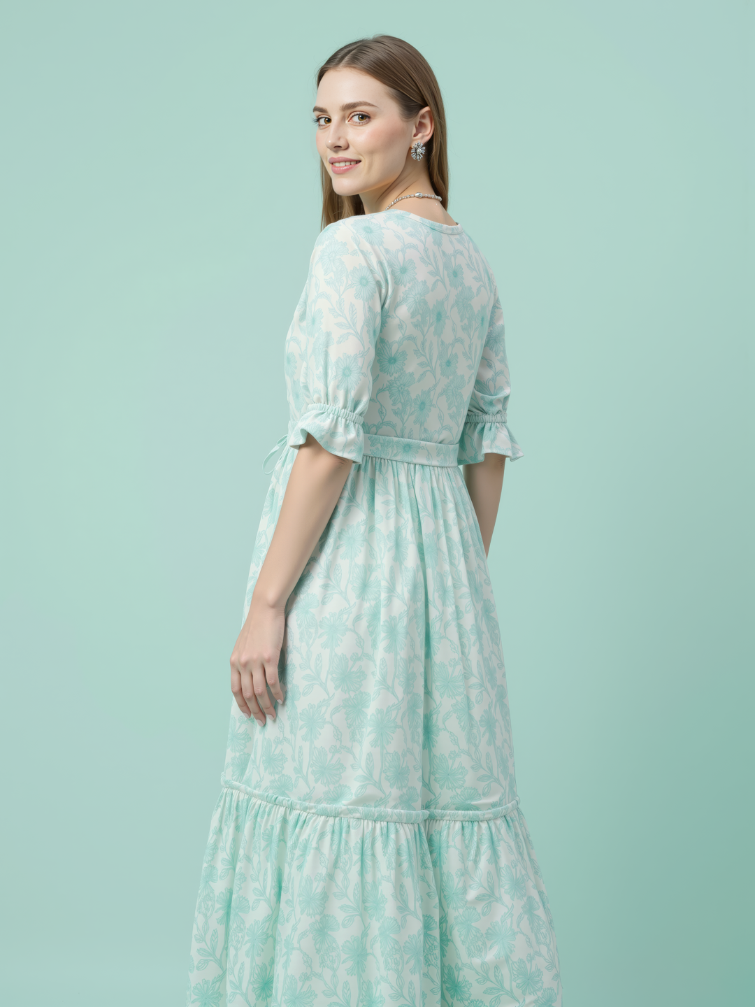 Aaronee light green floral printed cotton midi dress for women