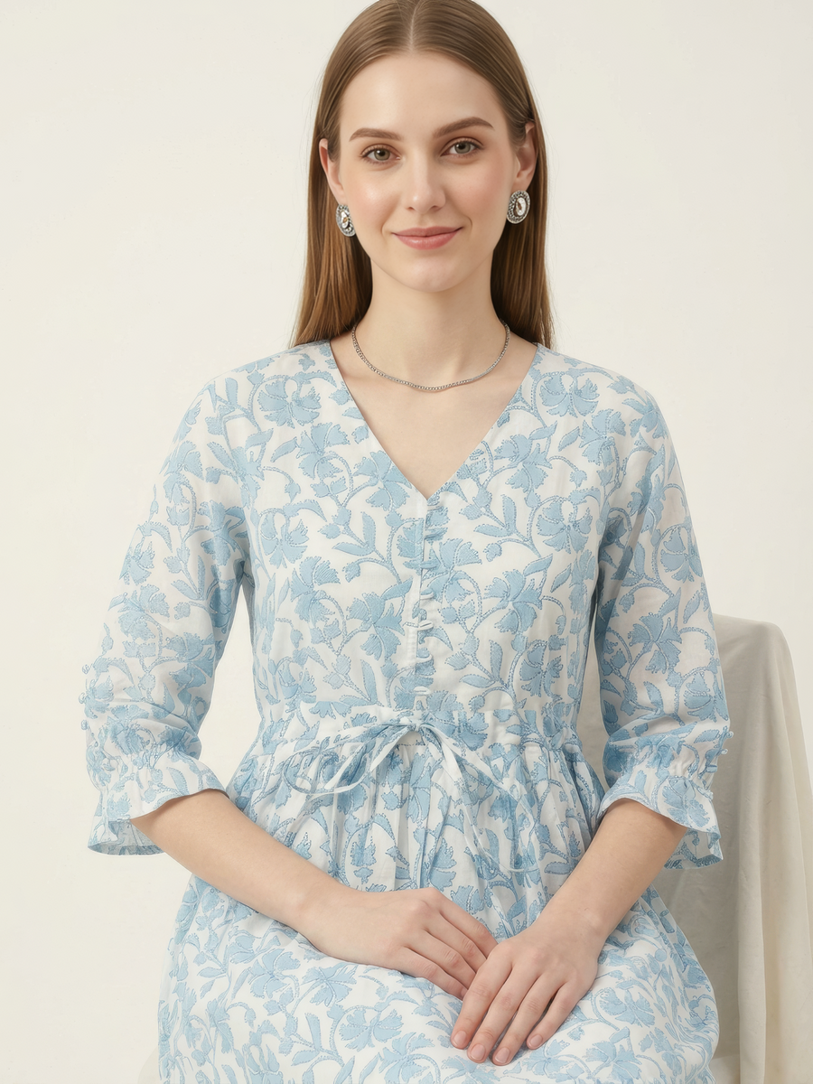 Aaronee Light blue floral printed cotton midi dress for women