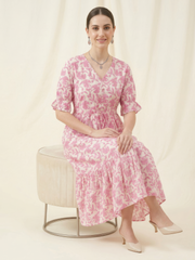 Women's premium cotton dress with pink botanical print