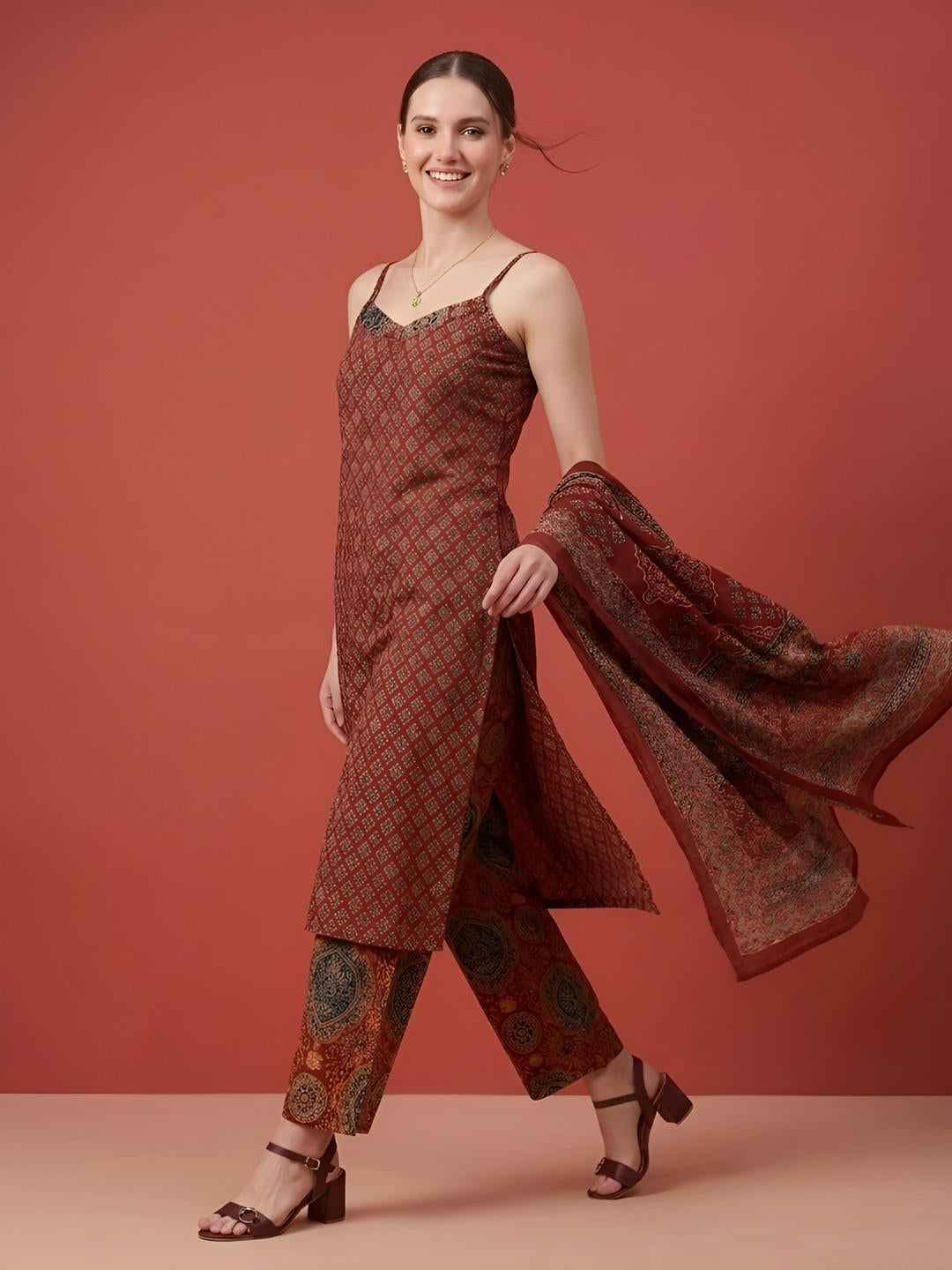 Aaronee Red Printed Premium Cotton Kurta Set with Dupatta
