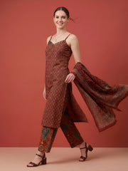 Aaronee Red Printed Premium Cotton Kurta Set with Dupatta