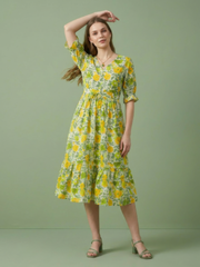 Aaronee yellow floral printed premium cotton midi dress for women