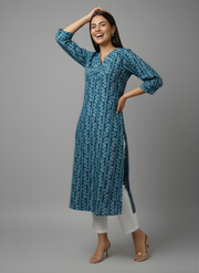 Aaronee Pure Cotton Teal Blue Floral Kurta Front View