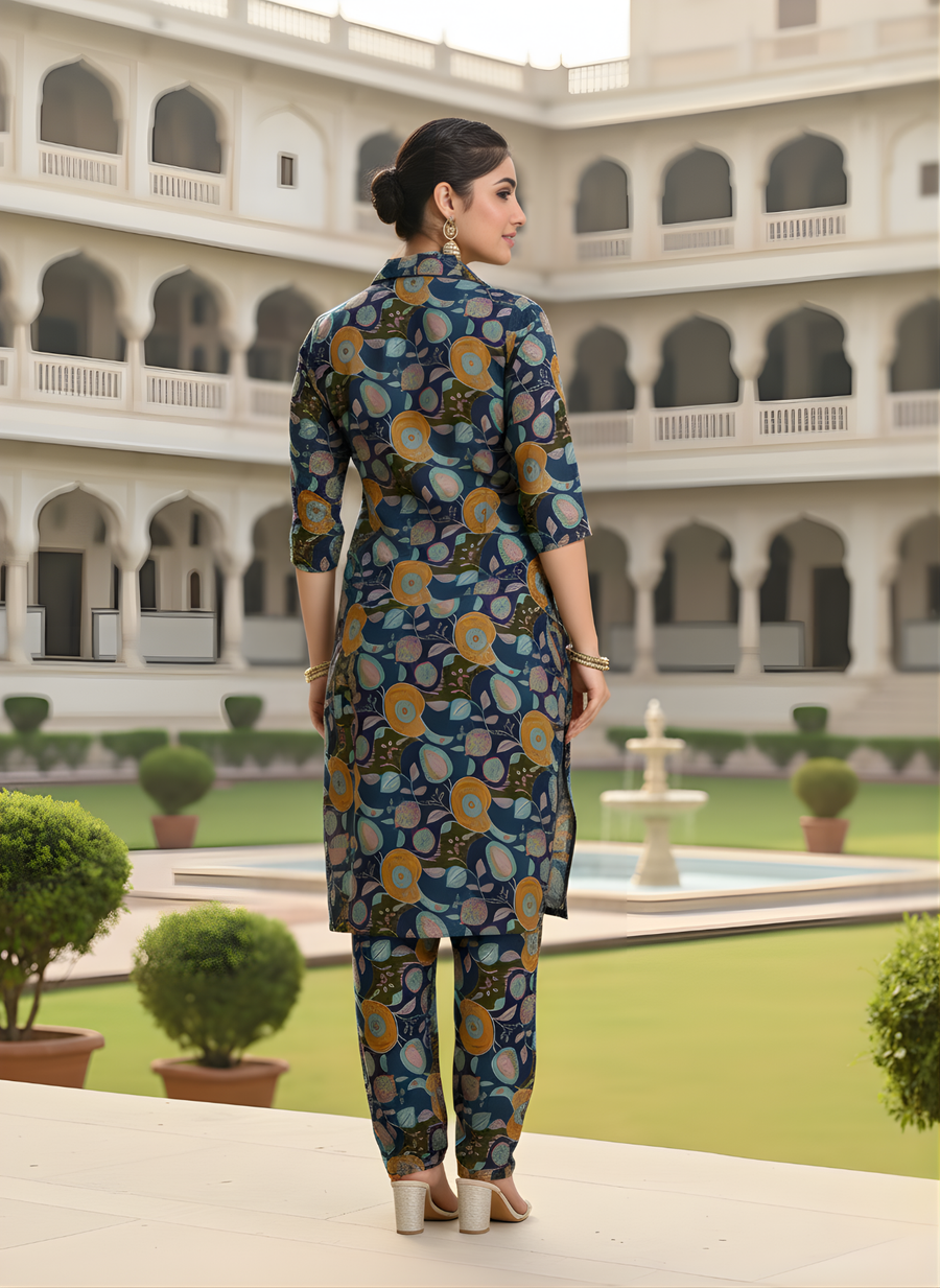 Aaronee Modal Chanderi Floral Printed Kurti Set for Women – Navy Blue Designer Ethnic Wear