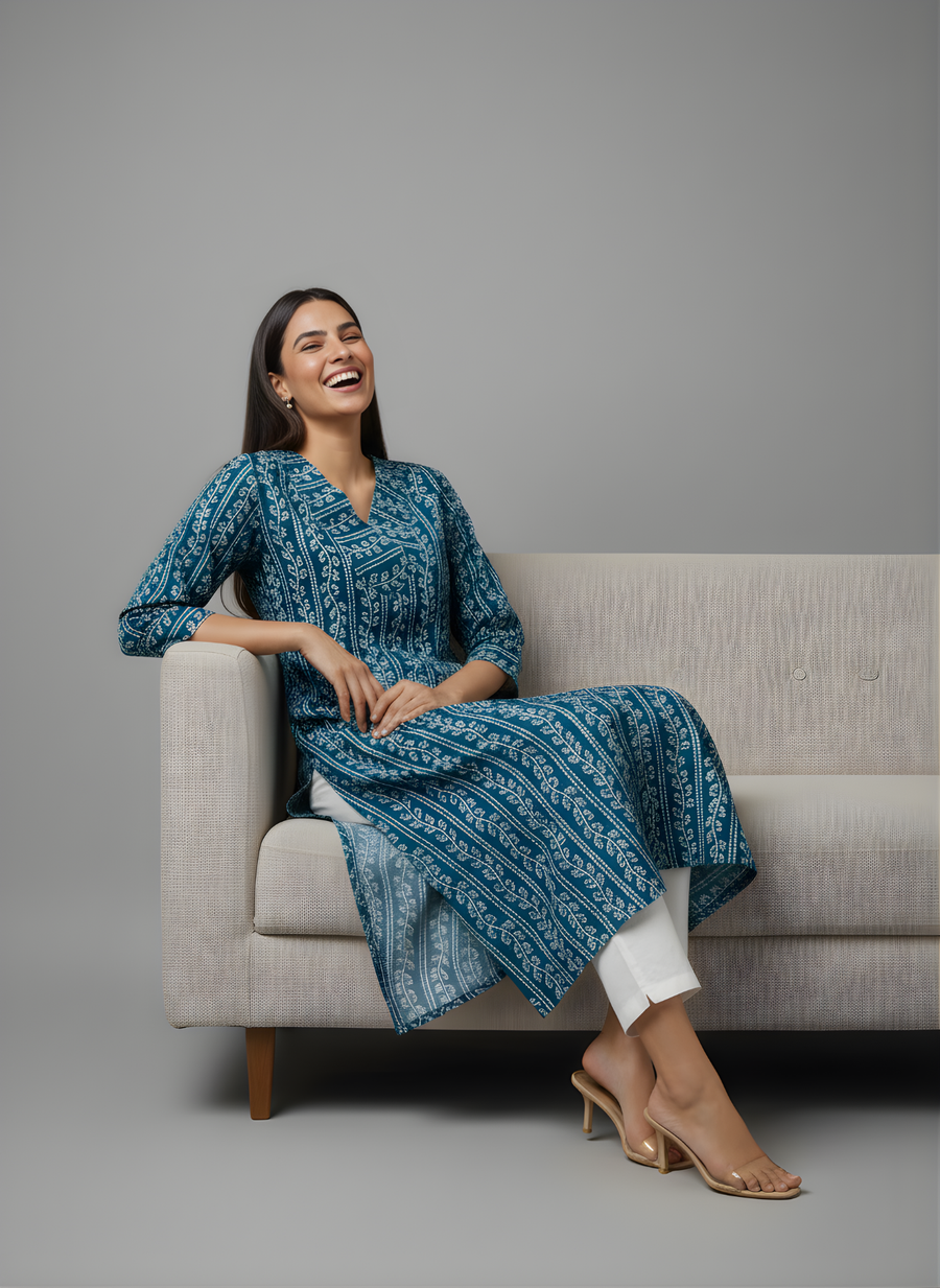 Women’s Teal Blue Straight Cotton Kurta by Aaronee