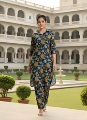 Aaronee Modal Chanderi Floral Printed Kurti Set for Women – Navy Blue Designer Ethnic Wear