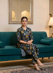 Aaronee Modal Chanderi Floral Printed Kurti Set for Women – Navy Blue Designer Ethnic Wear