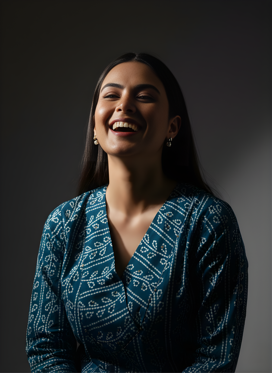 Teal Blue Printed Kurta with V Neck – Aaronee