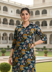 Aaronee Modal Chanderi Floral Printed Kurti Set for Women – Navy Blue Designer Ethnic Wear