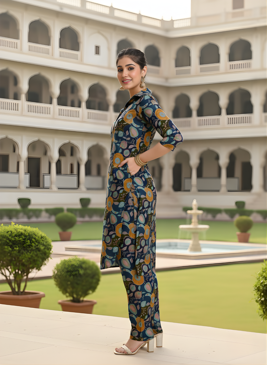 Aaronee Modal Chanderi Floral Printed Kurti Set for Women – Navy Blue Designer Ethnic Wear