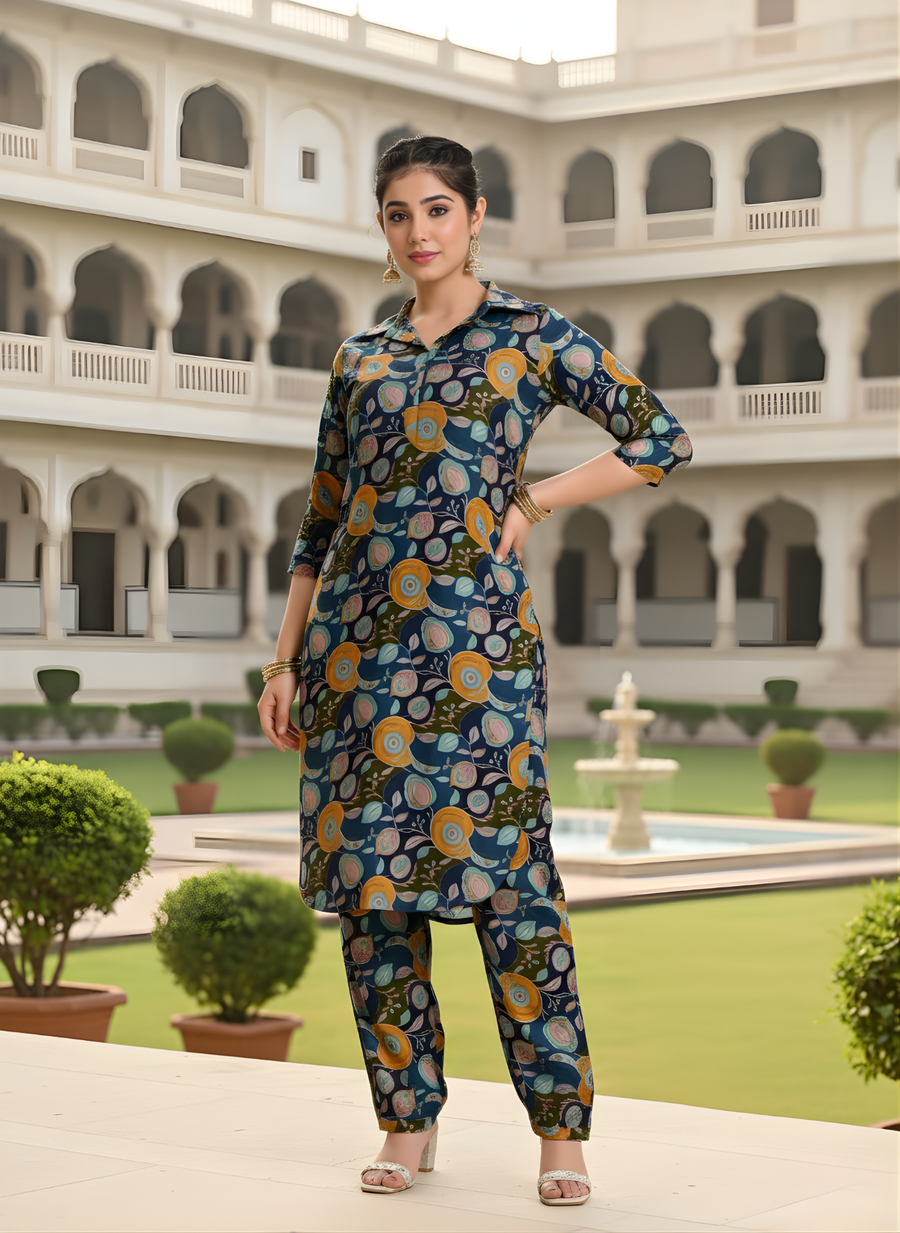 Aaronee Modal Chanderi Floral Printed Kurti Set for Women – Navy Blue Designer Ethnic Wear