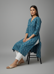 Women’s Cotton Floral Kurta in Teal Blue – Aaronee