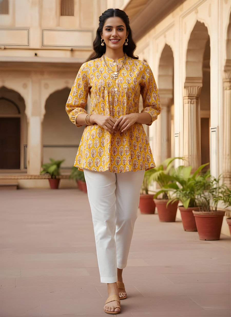 Aaronee Yellow Pure Cotton Printed Short Kurti Top