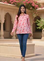 Pink Foil Print Shirts for Women in Indo-Western Style
