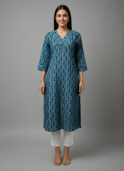 Aaronee Pure Cotton Teal Blue Floral Print Straight Kurta for Women