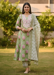 Pastel Green Floral Print Pure Cotton Kurta Set with Dupatta – Elegant Ethnic Wear by Aaronee