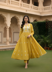 Mustard Yellow Pure Cotton Kurta Dupatta Set with Yoke Embroidery – Elegant Festive Wear