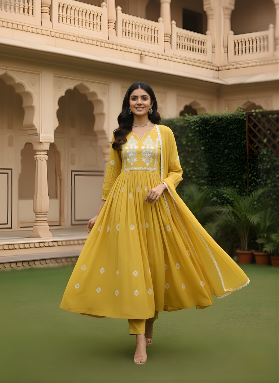Mustard Yellow Pure Cotton Kurta Dupatta Set with Yoke Embroidery – Elegant Festive Wear