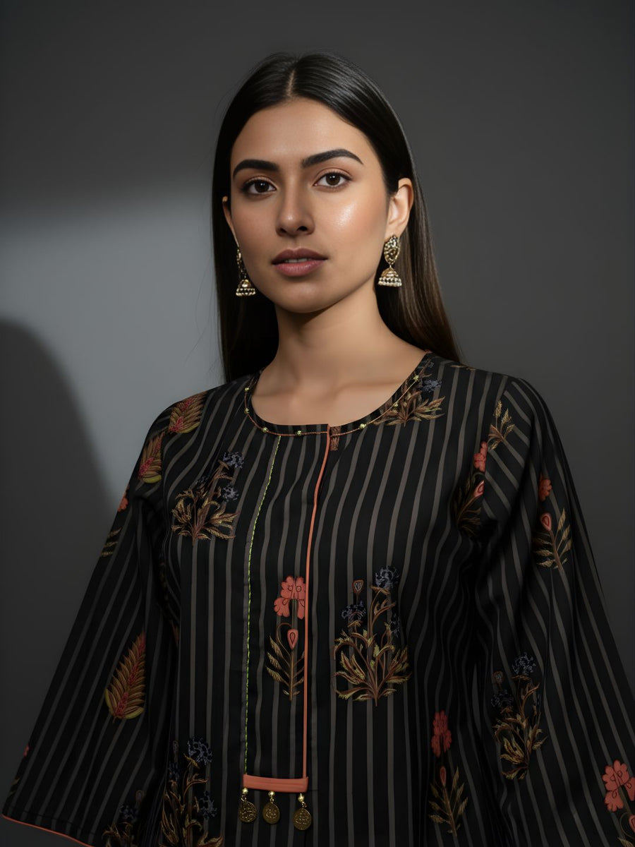 Aaronee Black Floral Striped Pure Cotton Kurta Pant Set for Women