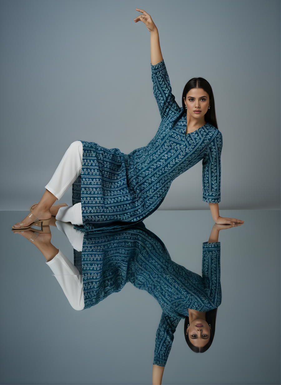 Aaronee Pure Cotton Teal Blue Floral Print Straight Kurta for Women