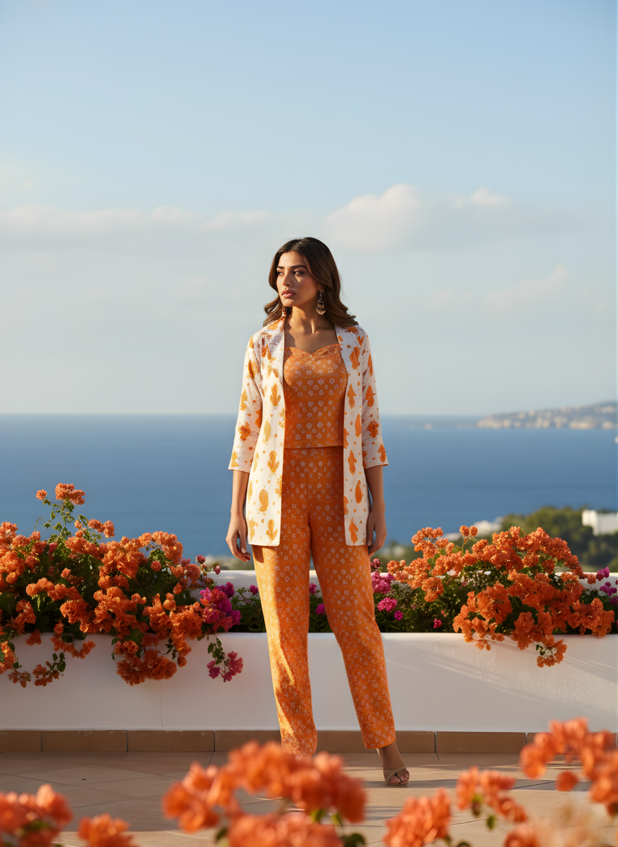 Trendy Orange Ikat Print Cotton Co-ord Set with Blazer for Women – Aaronee Western Collection