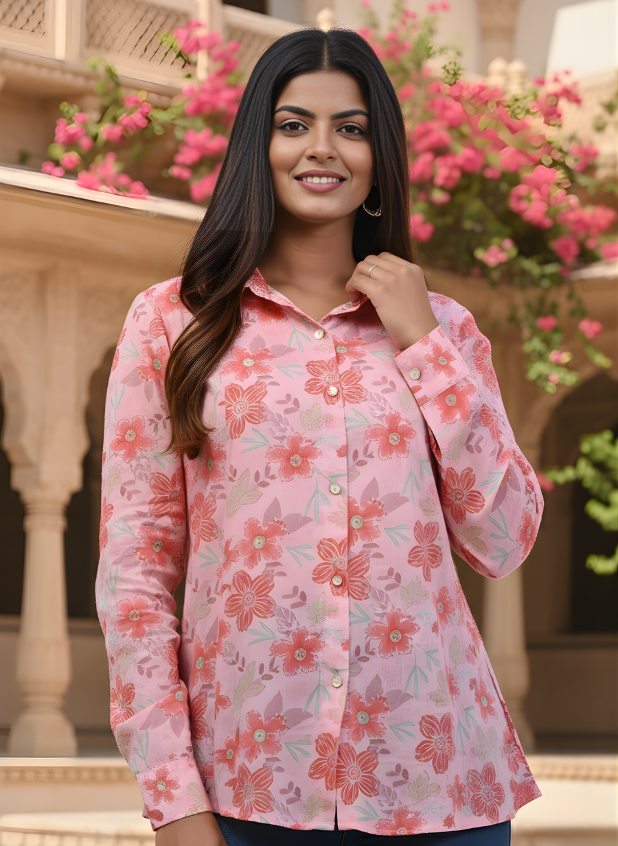 Pink Foil Print Shirts for Women in Indo-Western Style