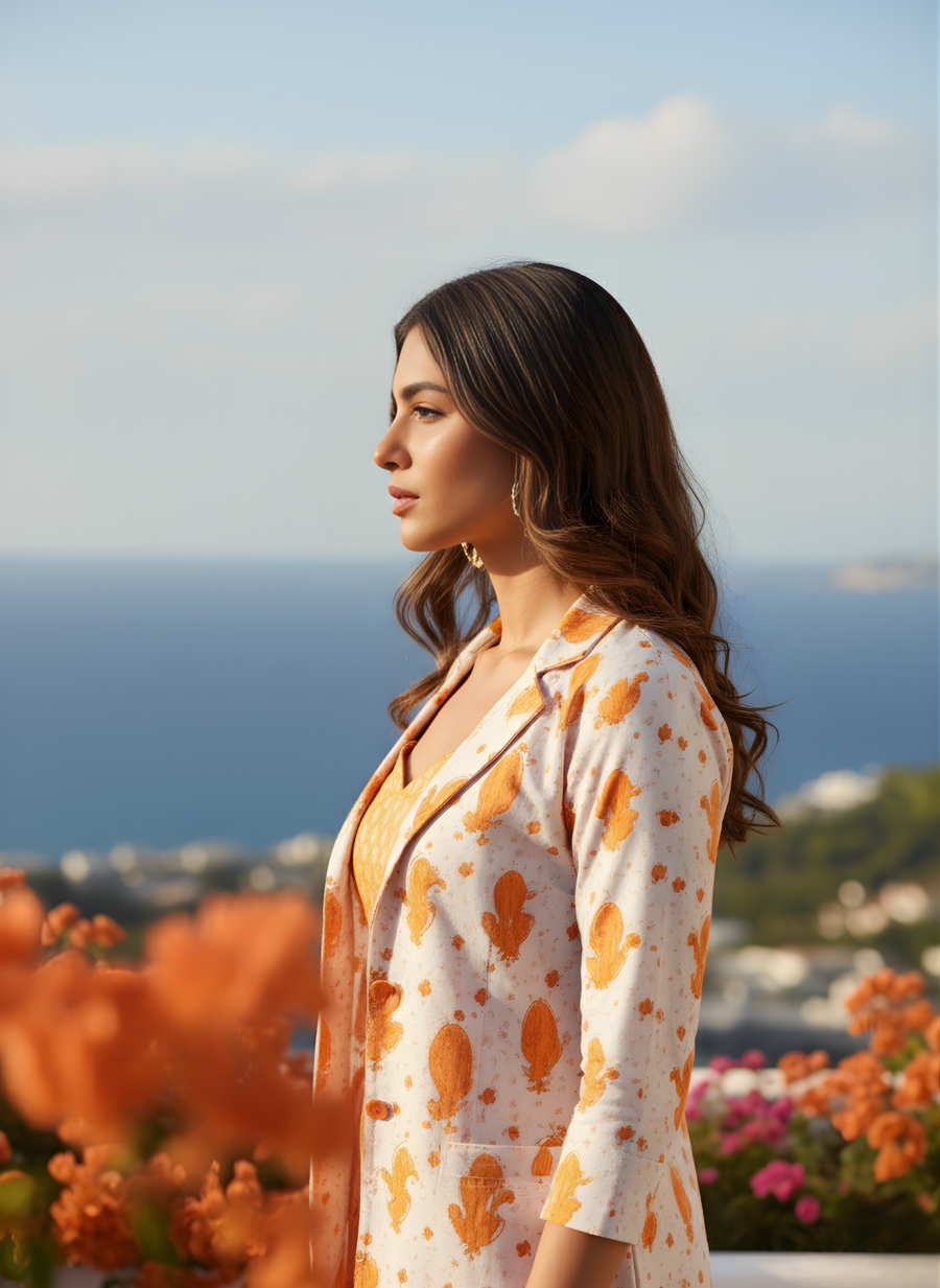 Trendy Orange Ikat Print Cotton Co-ord Set with Blazer for Women – Aaronee Western Collection