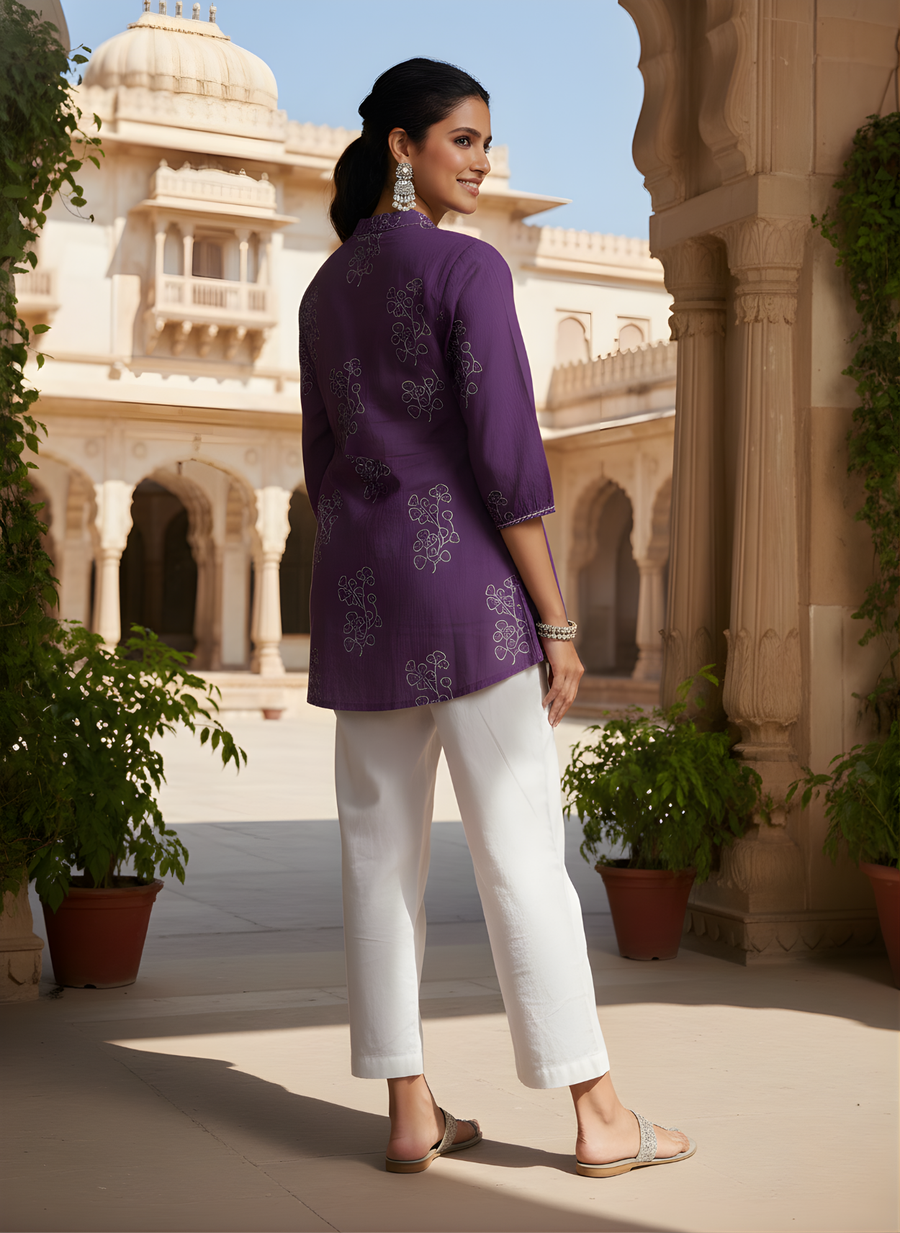 Aaronee Purple Printed Cotton Short Kurti