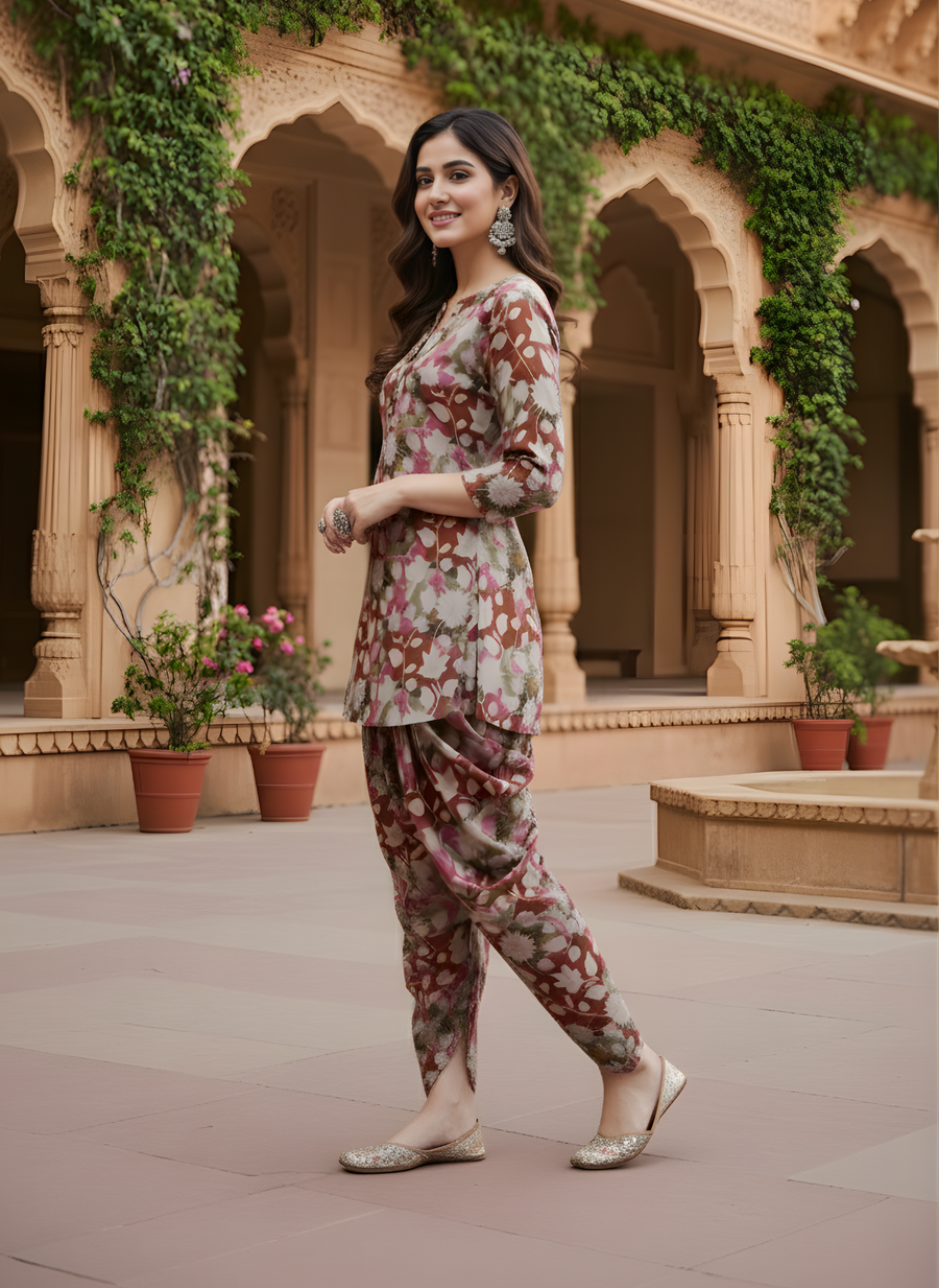 Magenta Flower Color Dhoti Kurta Set for Women