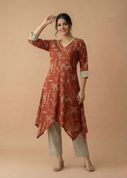 Rust Abstract Print Cotton Kurti Set with Pants – Contemporary Women Ethnic Wear by Aaronee
