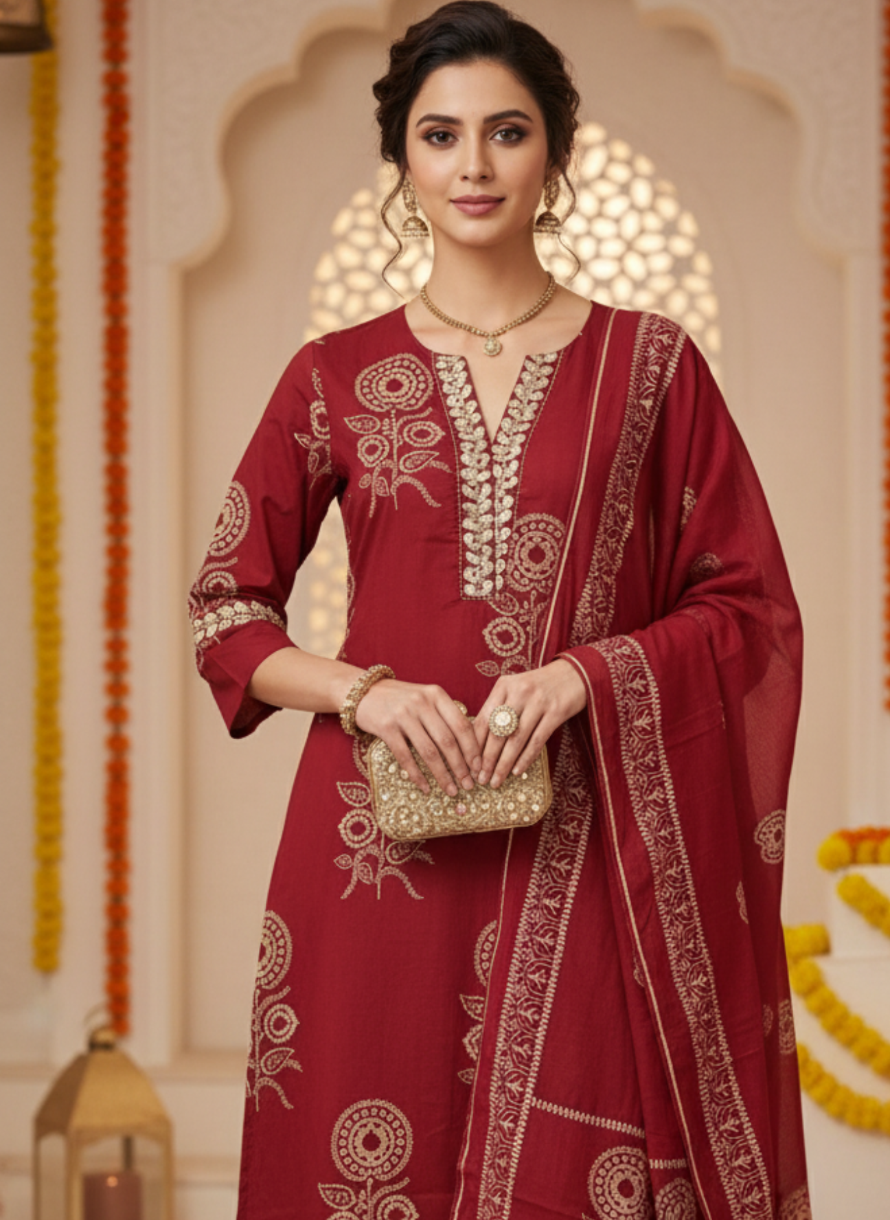 Aaronee Maroon Embroidered Cotton Kurta Dupatta Set