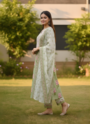 Pastel Green Floral Print Pure Cotton Kurta Set with Dupatta – Elegant Ethnic Wear by Aaronee