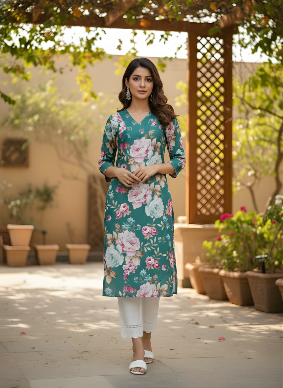 Aaronee teal floral pure cotton kurta set for women