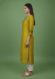 Mustard Mul Chanderi Kurti with Embroidered Yoke for Women | Elegant Ethnic Wear – Aaronee