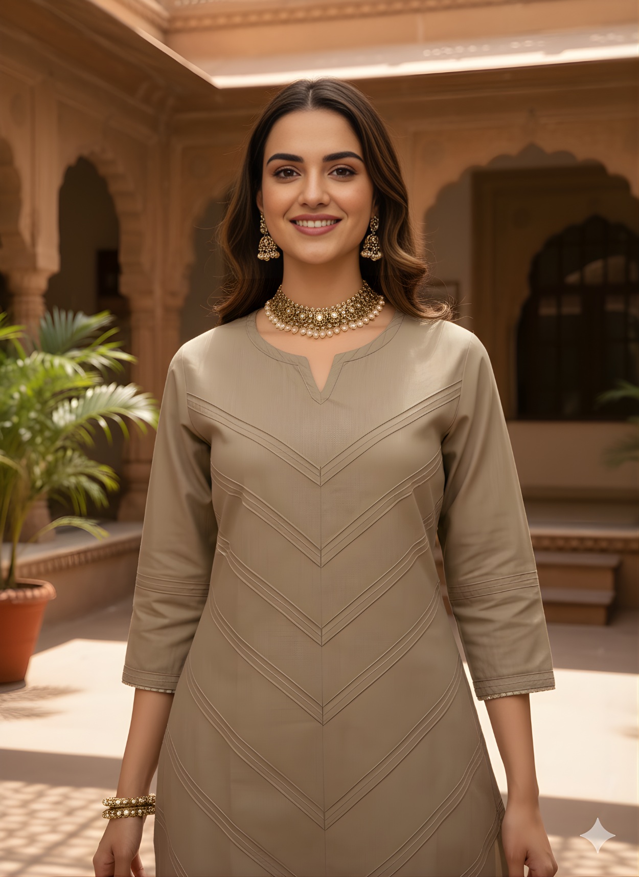 Aaronee Neutral Tone Embroidered Long Kurti