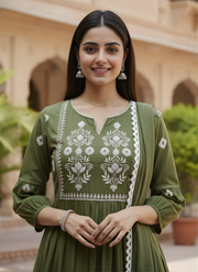 Olive Green Pure Cotton Kurta Dupatta Set with Yoke Embroidery – Elegant Ethnic Wear for Women