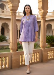 Aaronee Mauve Pure Cotton Printed Short Kurti Top for Women | Soft Everyday Wear